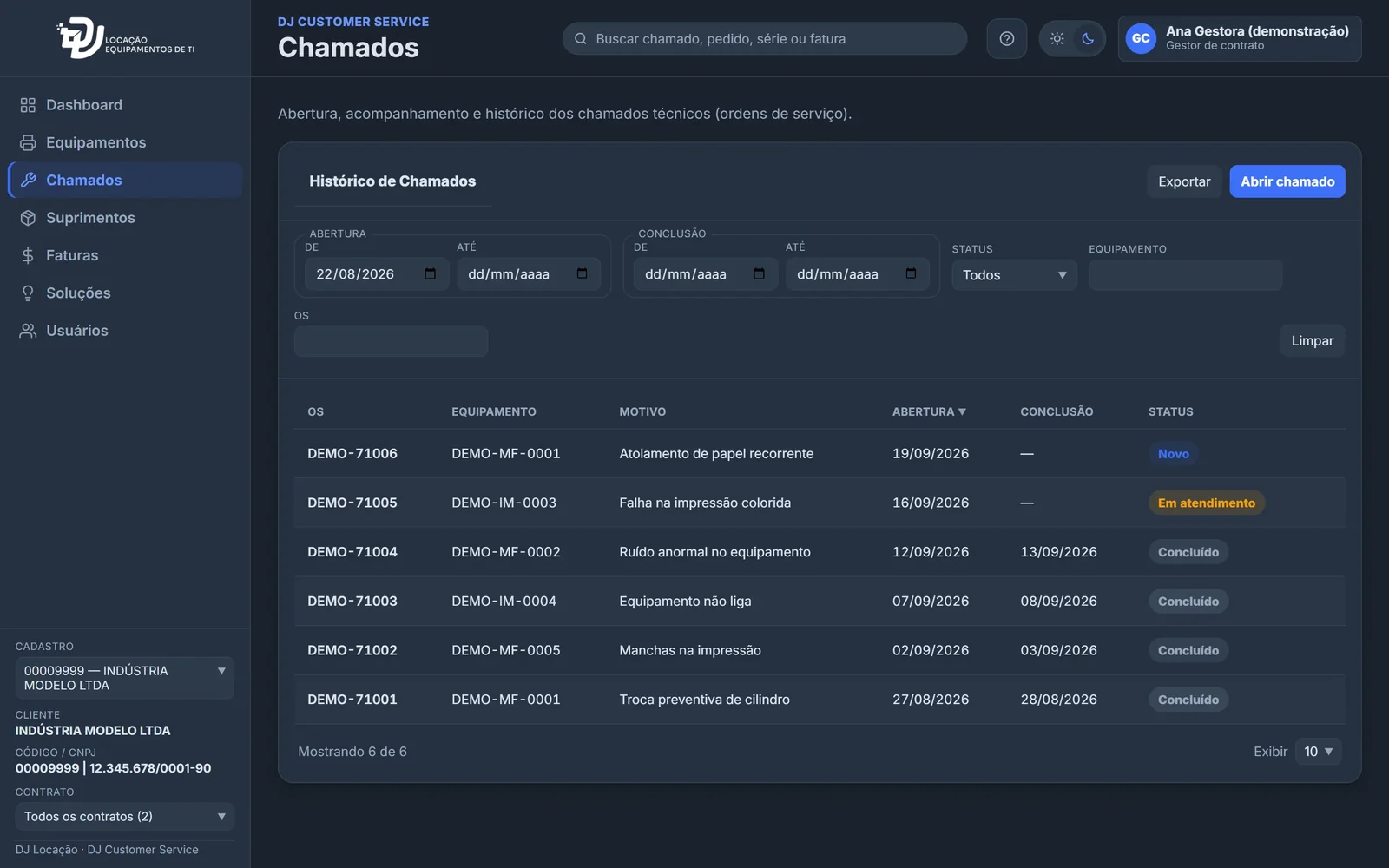 Lista de chamados com equipamento, motivo, abertura, conclusão e status